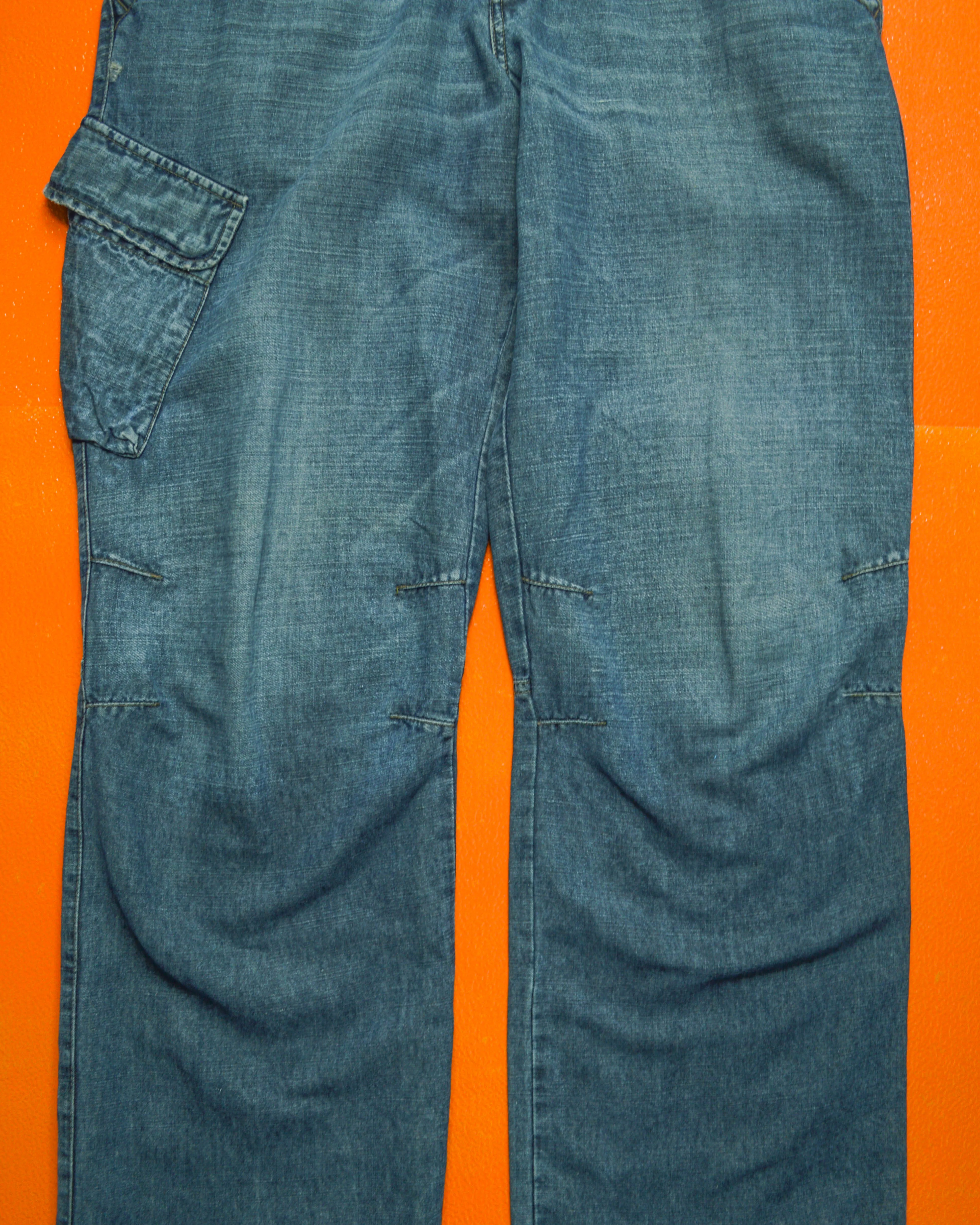 Relaxed Asymmetrical Medium Wash Blue Denim Cargo Pants (36~38)