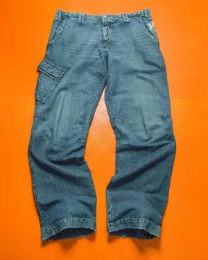 Relaxed Asymmetrical Medium Wash Blue Denim Cargo Pants (36~38)