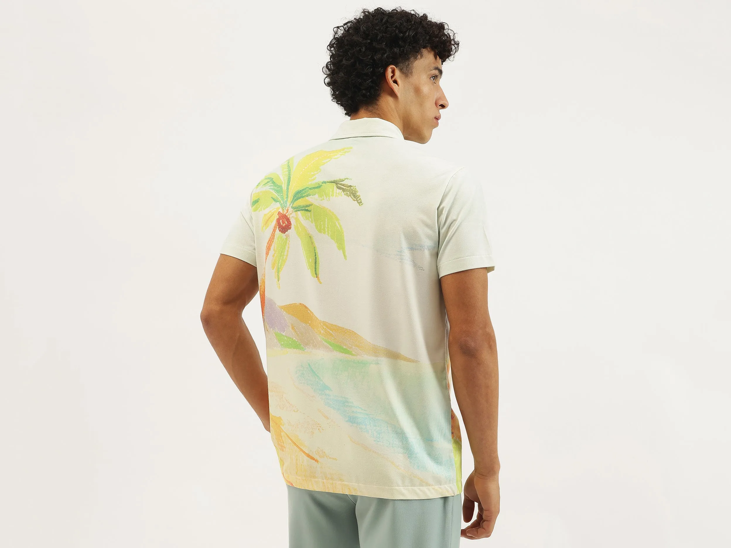 Relaxed Fit Resort Collar Palm Tree Print Shirt