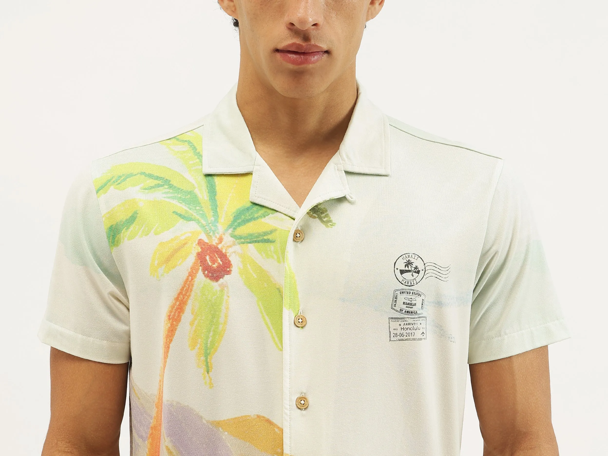 Relaxed Fit Resort Collar Palm Tree Print Shirt
