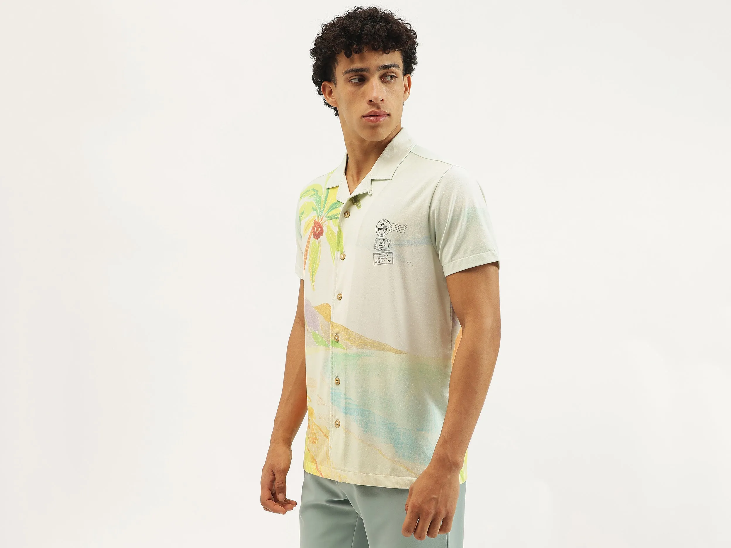 Relaxed Fit Resort Collar Palm Tree Print Shirt