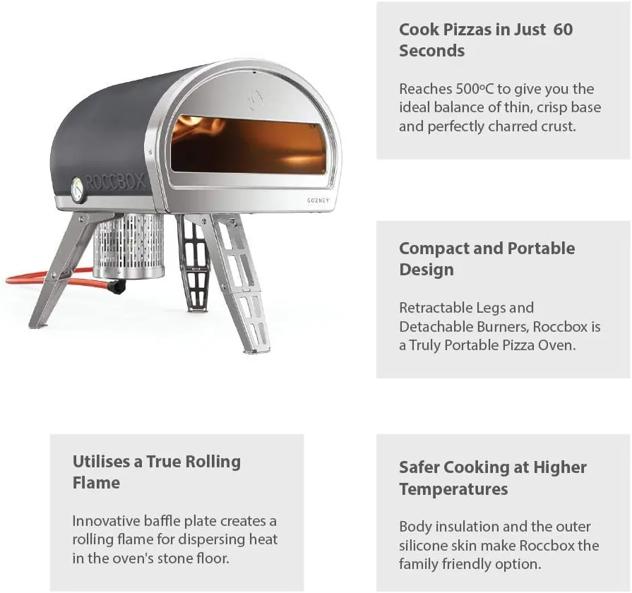 ROCCBOX Gozney Portable Outdoor Pizza Oven - Includes Professional Grade Pizza Peel, Built-In Thermometer and Safe Touch Silicone Jacket - Propane Gas Fired, With Rolling Wood Flame - Grey
