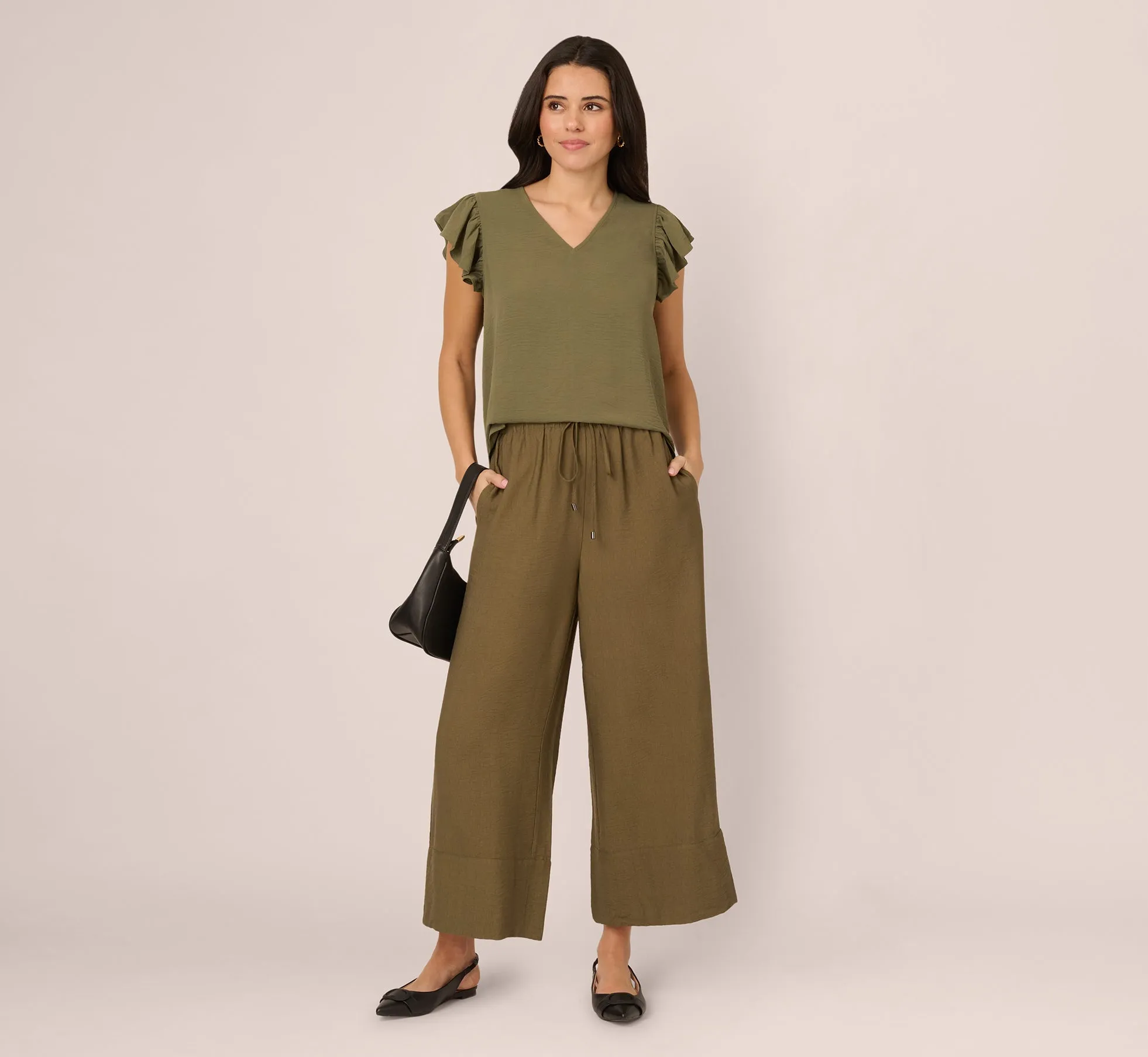 Ruffle Sleeve V Neck Satin Top In Olivine