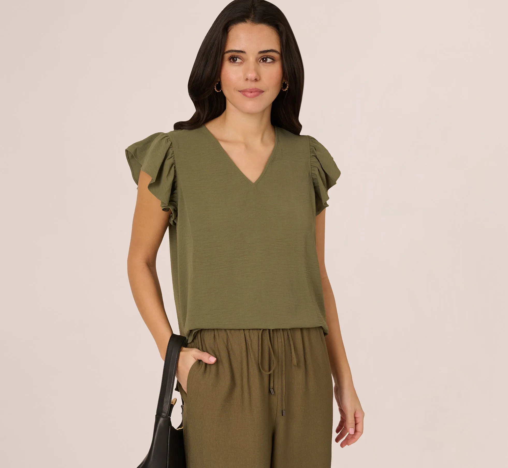 Ruffle Sleeve V Neck Satin Top In Olivine
