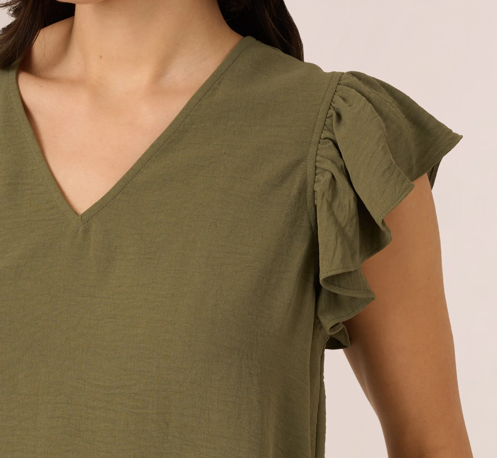 Ruffle Sleeve V Neck Satin Top In Olivine
