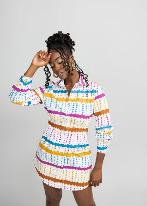 Safi Women's African Print Button-Up Shirt Dress (White Nautical Adire) - Clearance