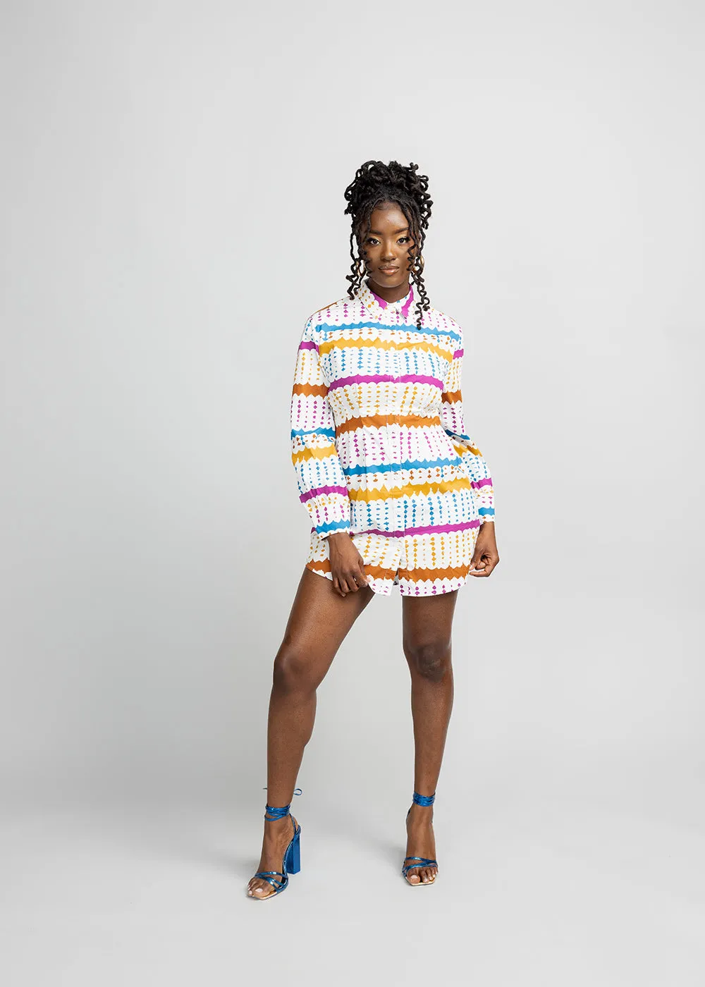 Safi Women's African Print Button-Up Shirt Dress (White Nautical Adire) - Clearance