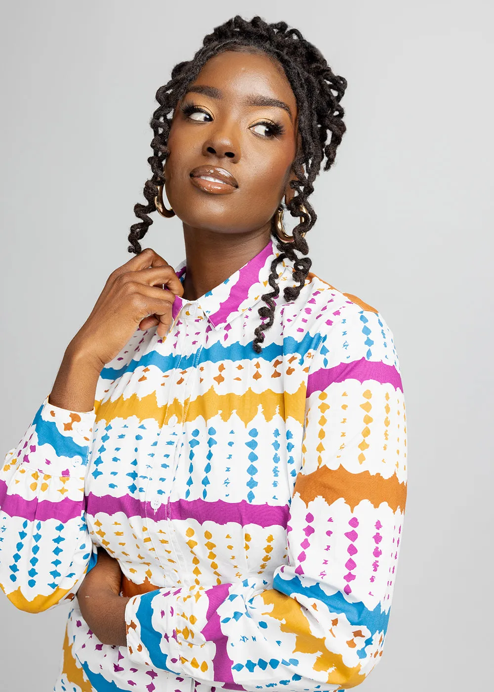 Safi Women's African Print Button-Up Shirt Dress (White Nautical Adire) - Clearance