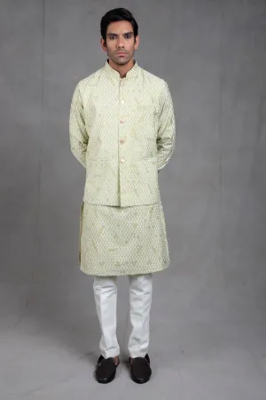 Sage Green Print On Print Kurta-Jacket Set