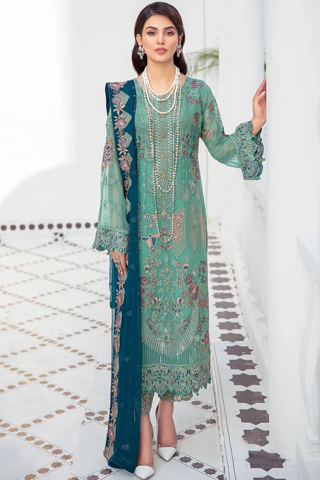Sea Green Pakistani Dress with Royal Embroidery #PF368