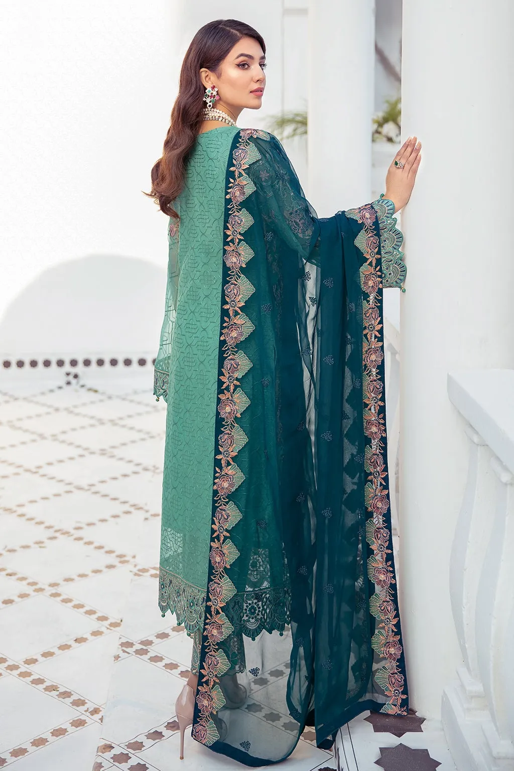 Sea Green Pakistani Dress with Royal Embroidery #PF368