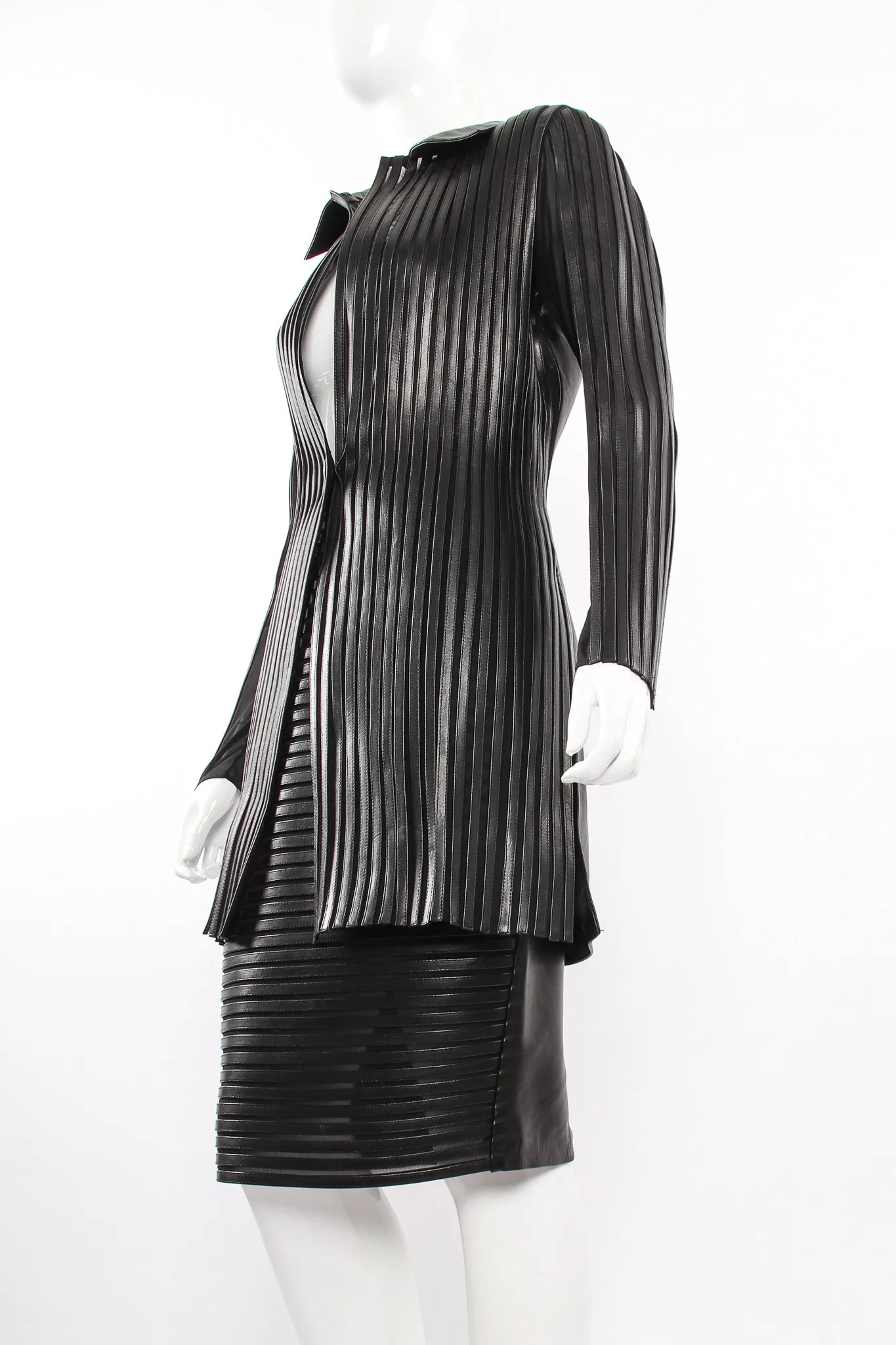 Sheer Leather Striped Jacket & Skirt Set