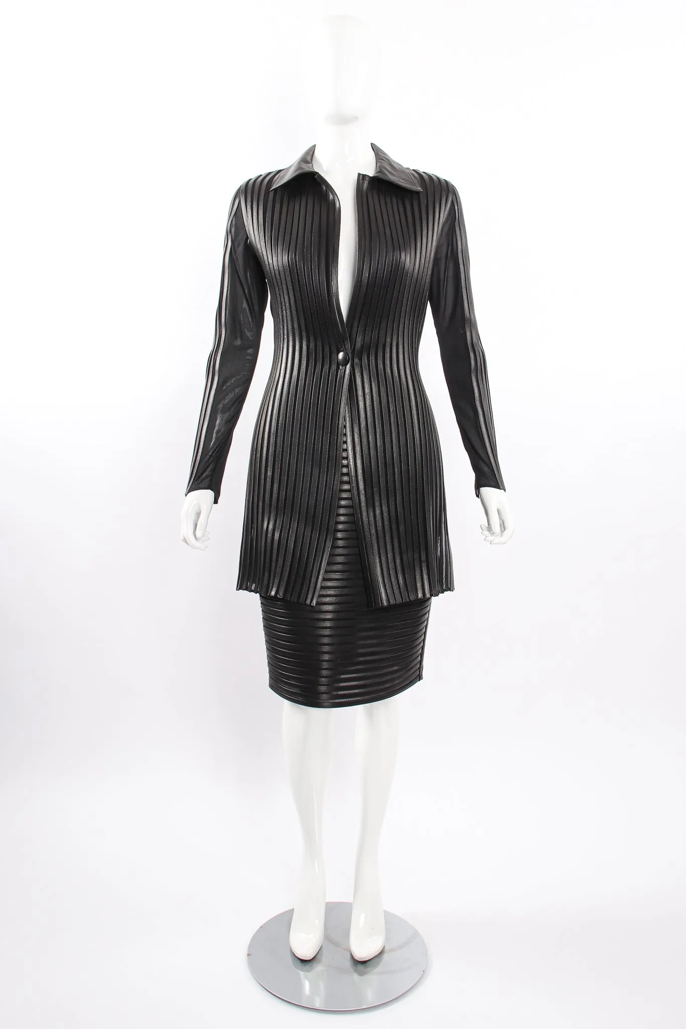 Sheer Leather Striped Jacket & Skirt Set