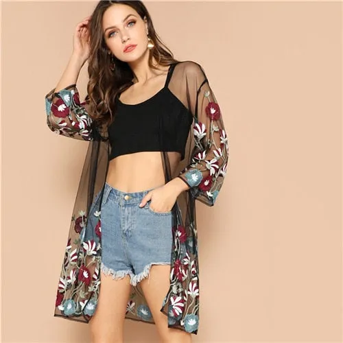 SHEIN Multicolor Flower Embroidery Mesh Sheer Boho Longline Kimono Cardigan Women Summer Long Sleeve Beach Vacation Sexy Kimonos