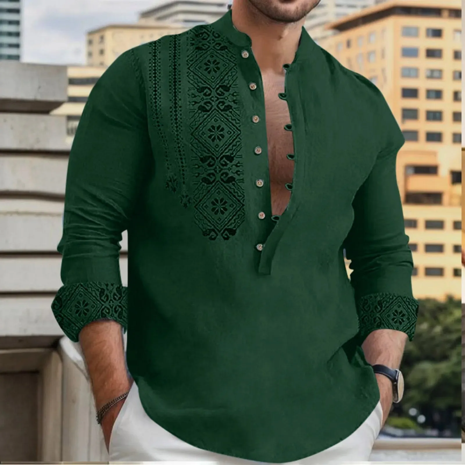 Shirt Mens Vintage Print Bohemian Buckle Overshirt Stand-Up Collar Aesthetics Elegant Shirt Holiday Vocation Beach Shirt Undies