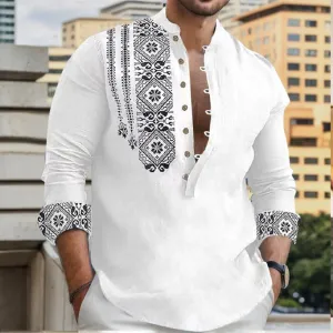 Shirt Mens Vintage Print Bohemian Buckle Overshirt Stand-Up Collar Aesthetics Elegant Shirt Holiday Vocation Beach Shirt Undies