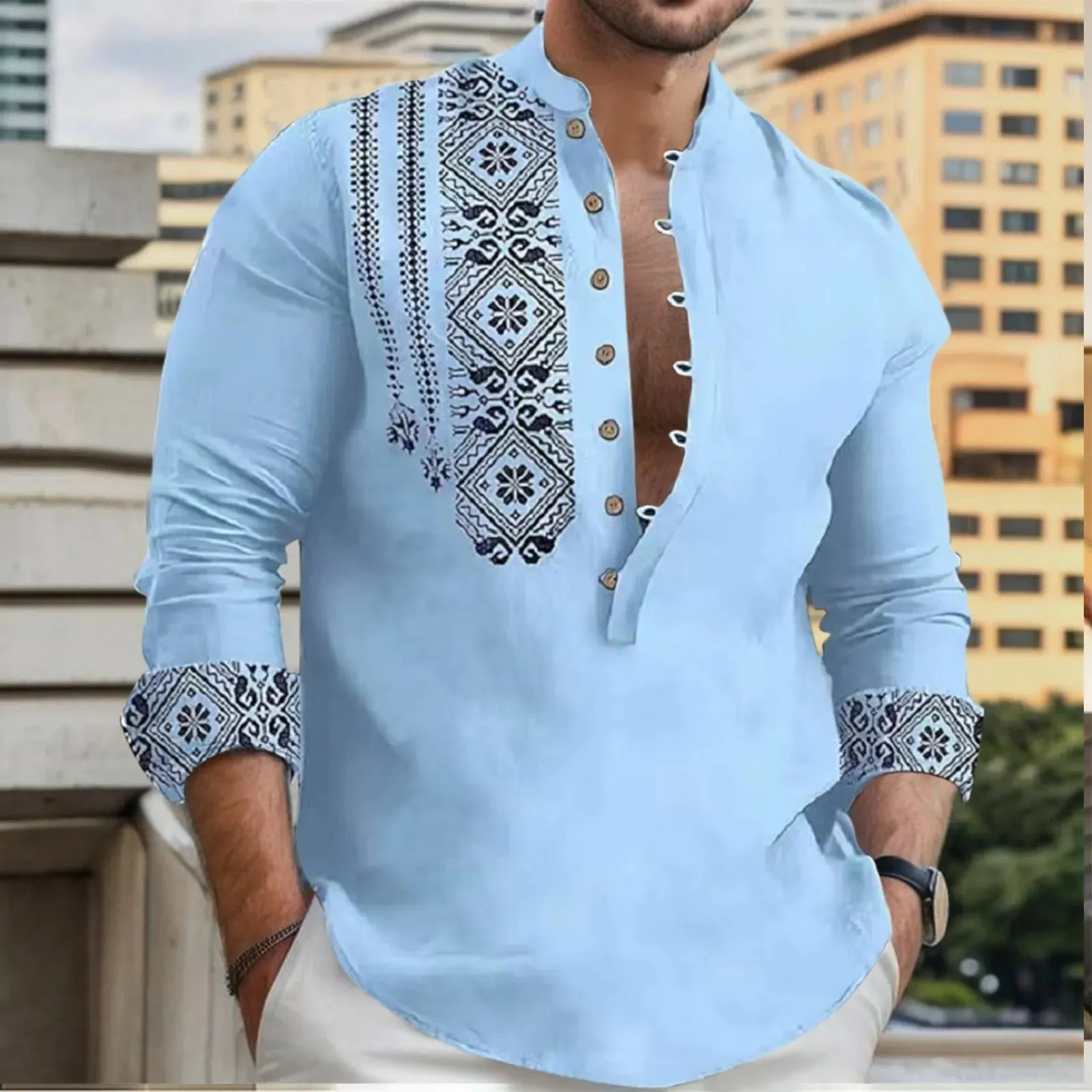 Shirt Mens Vintage Print Bohemian Buckle Overshirt Stand-Up Collar Aesthetics Elegant Shirt Holiday Vocation Beach Shirt Undies