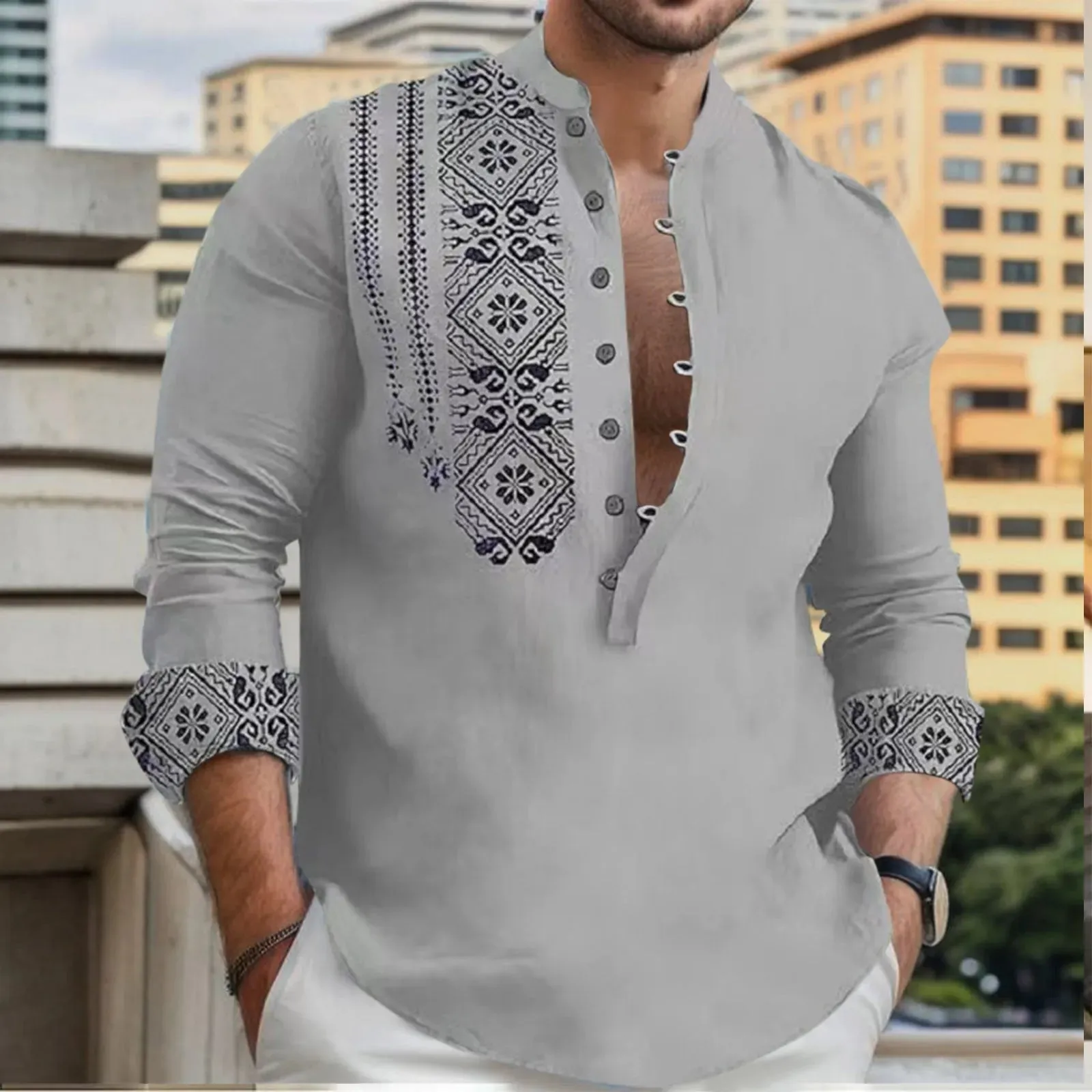 Shirt Mens Vintage Print Bohemian Buckle Overshirt Stand-Up Collar Aesthetics Elegant Shirt Holiday Vocation Beach Shirt Undies