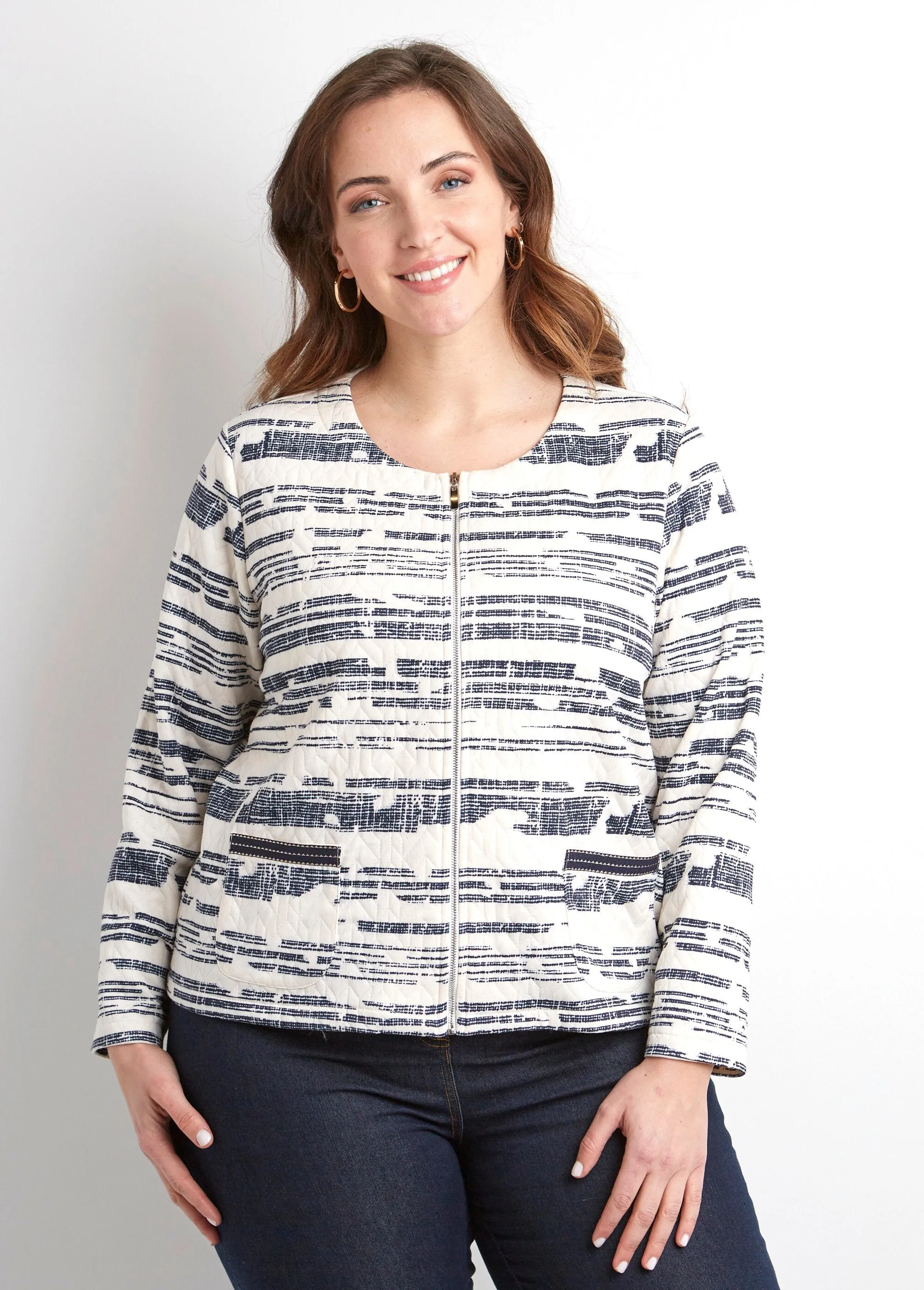 Short iridescent zipped collarless jacket