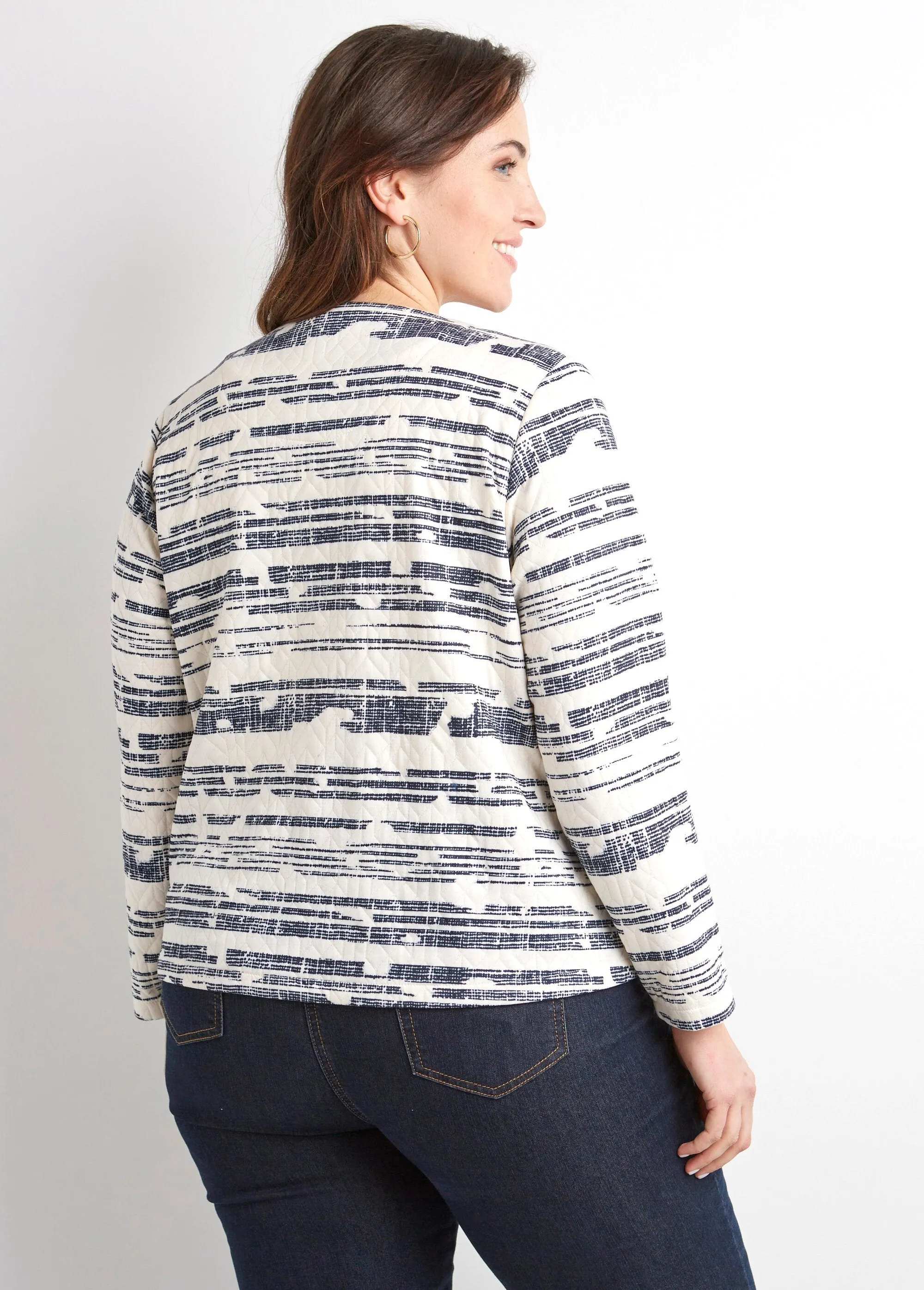 Short iridescent zipped collarless jacket