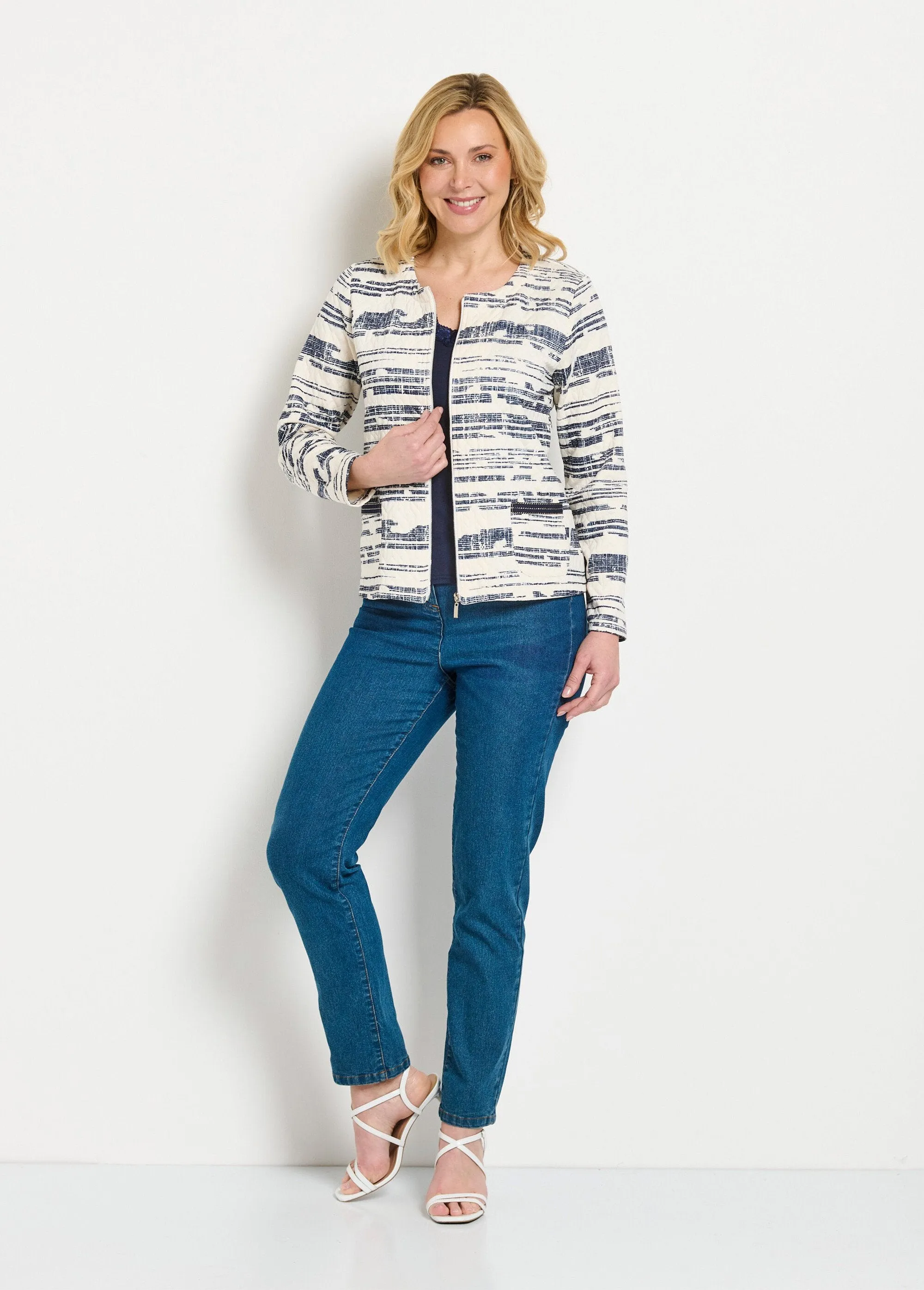 Short iridescent zipped collarless jacket