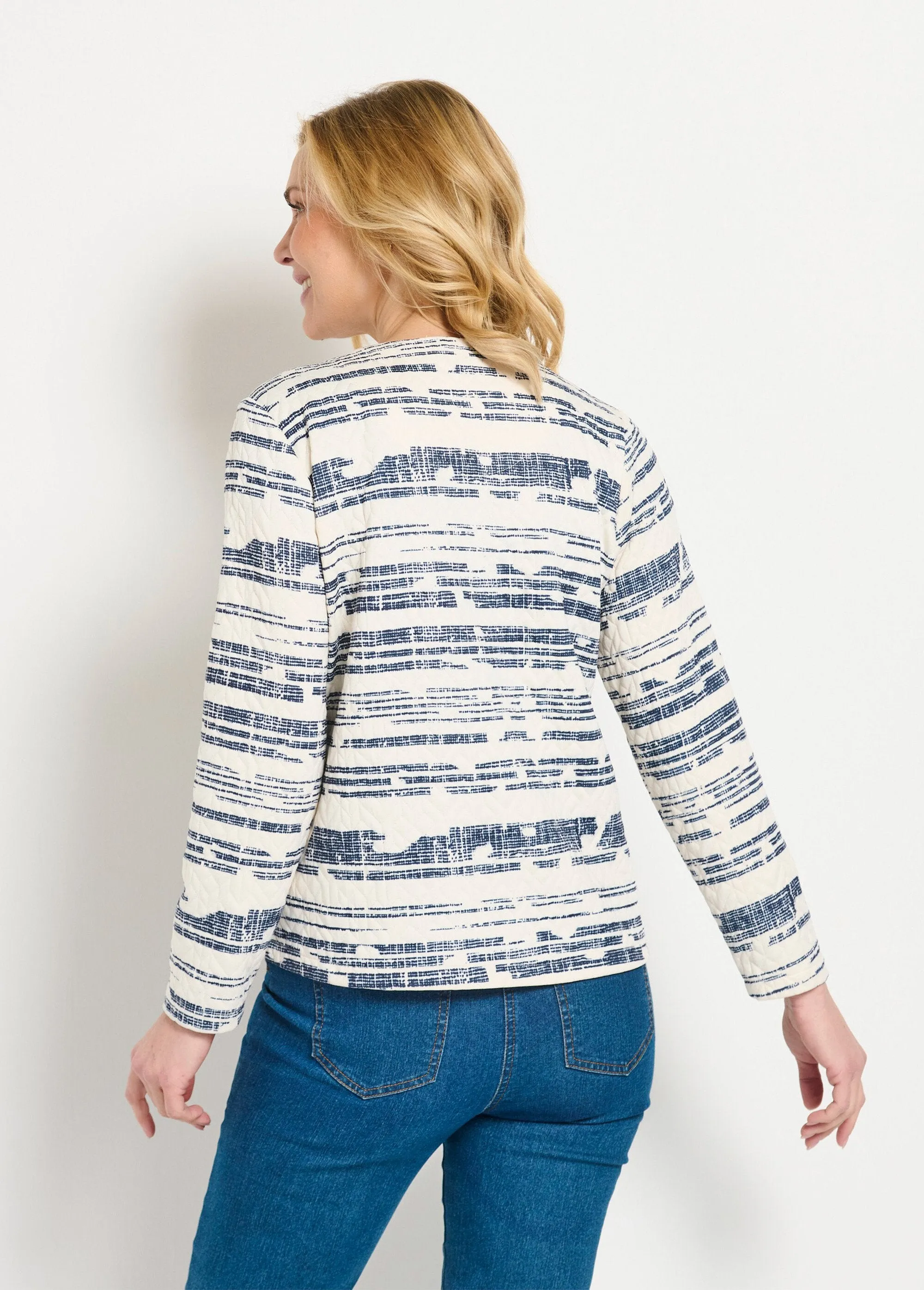 Short iridescent zipped collarless jacket