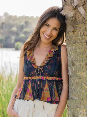 Sierra Sleeveless Mesh Top - Navy Mustard Floral