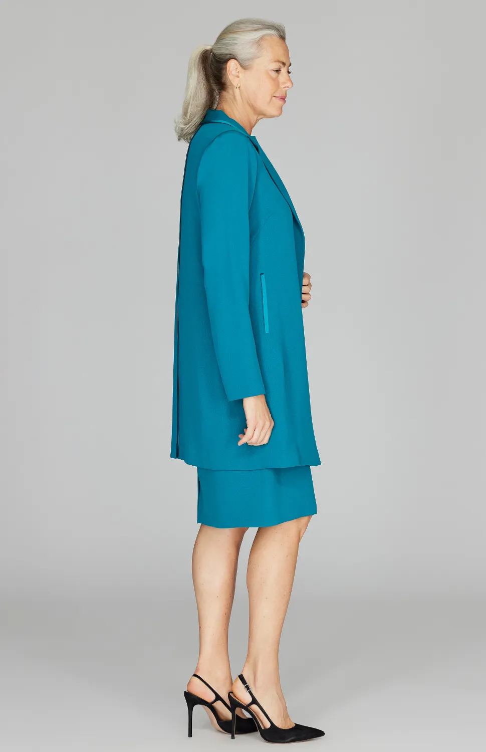 Silk Long Blazer w/ Satin Bias Detail