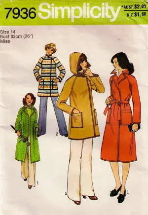 Simplicity 7936 Womens Raglan Sleeved Coat or Jacket with Optional Hood 1970s Vintage Sewing Pattern Size 14 Bust 36 inches UNCUT Factory Folded