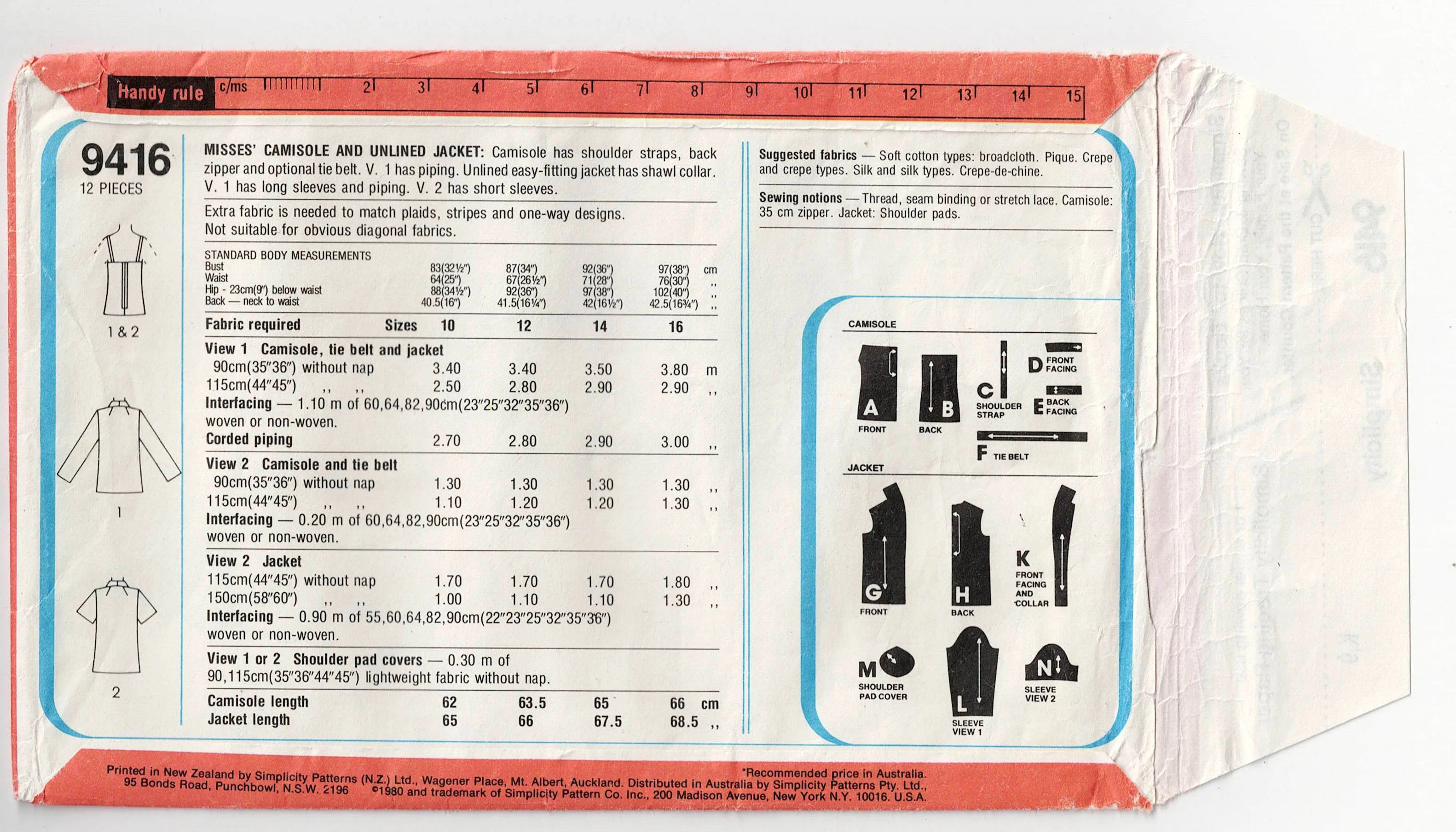 Simplicity 9416 Womens Camisole Top & Jacket 1980s Vintage Sewing Pattern Size 16 Bust 38 inches UNCUT Factory Folded