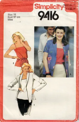 Simplicity 9416 Womens Camisole Top & Jacket 1980s Vintage Sewing Pattern Size 16 Bust 38 inches UNCUT Factory Folded