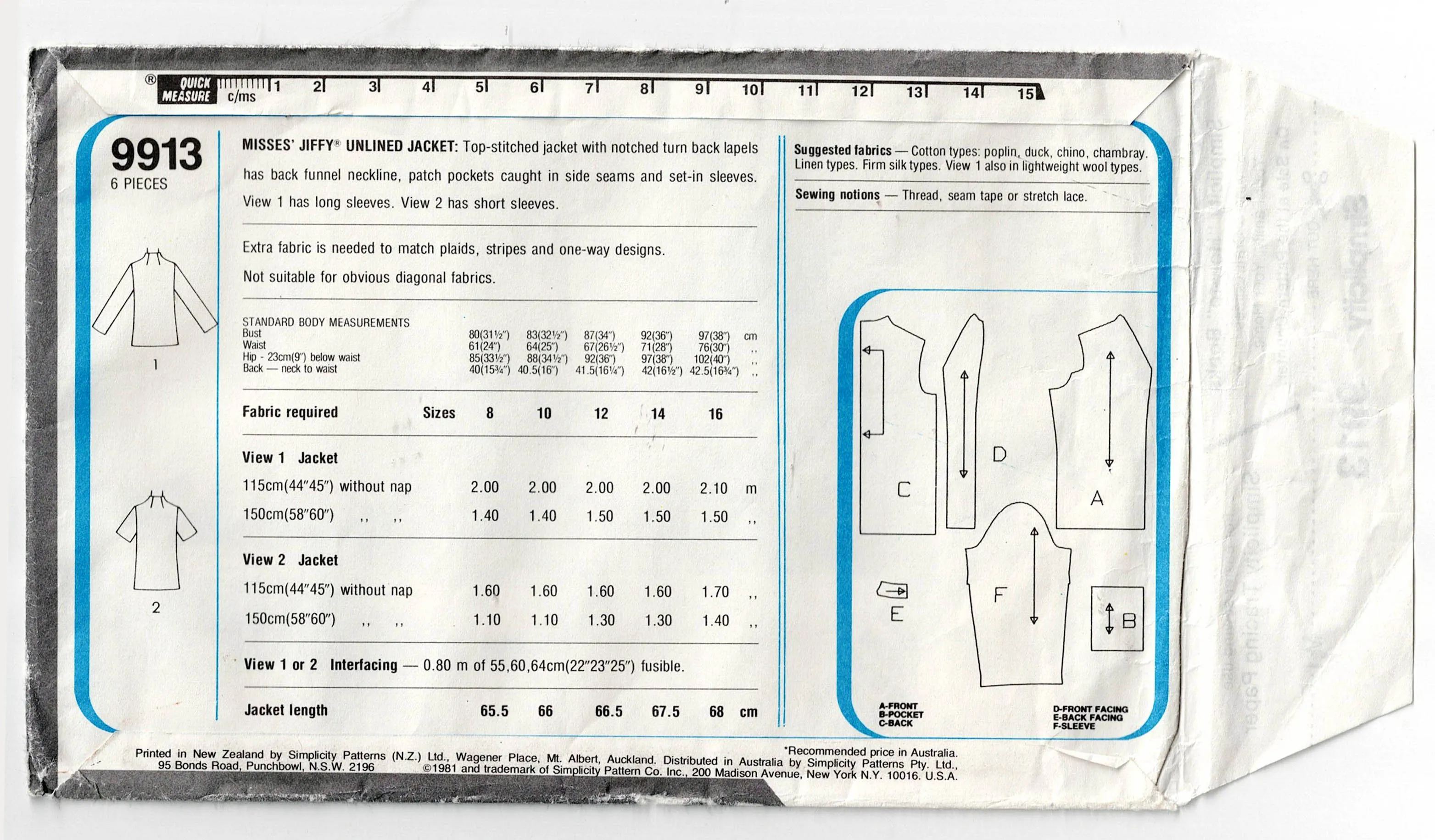 Simplicity 9913 Womens JIFFY Short or Long Sleeved Jacket 1980s Vintage Sewing Pattern Size 12 Bust 34 inches