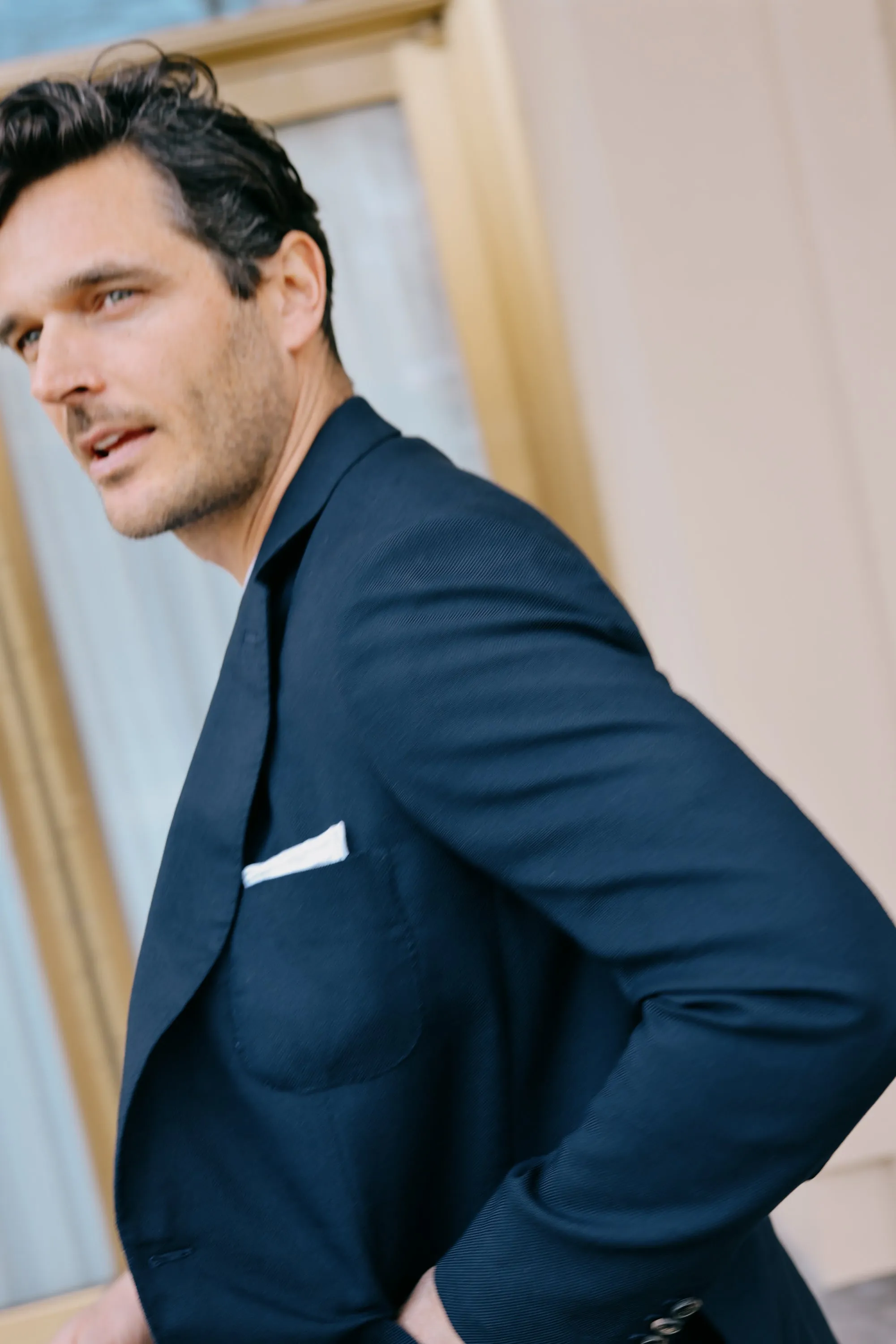Single Breasted  Travel Jacket in Navy Hopsack