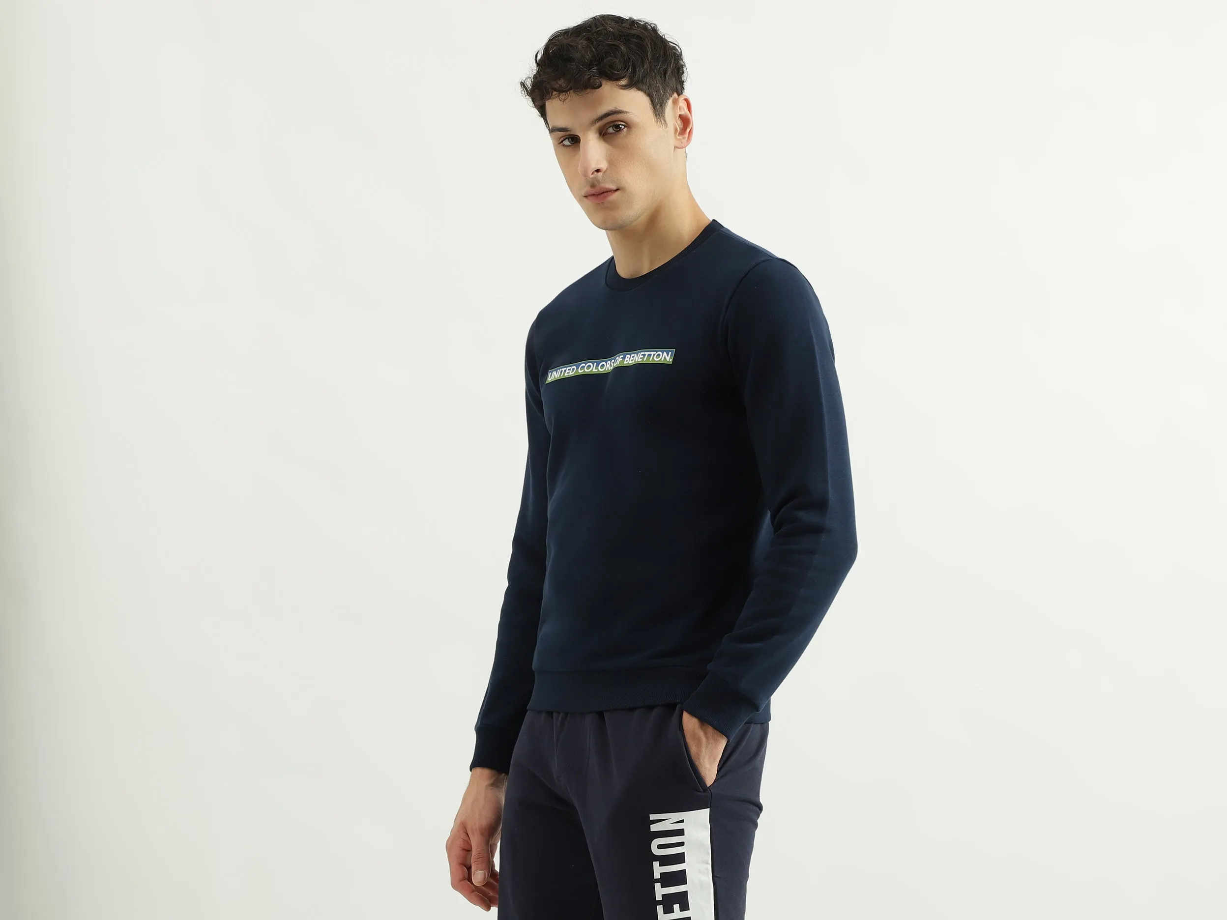 Slim Fit Round Neck Branded Fleece Sweatshirt