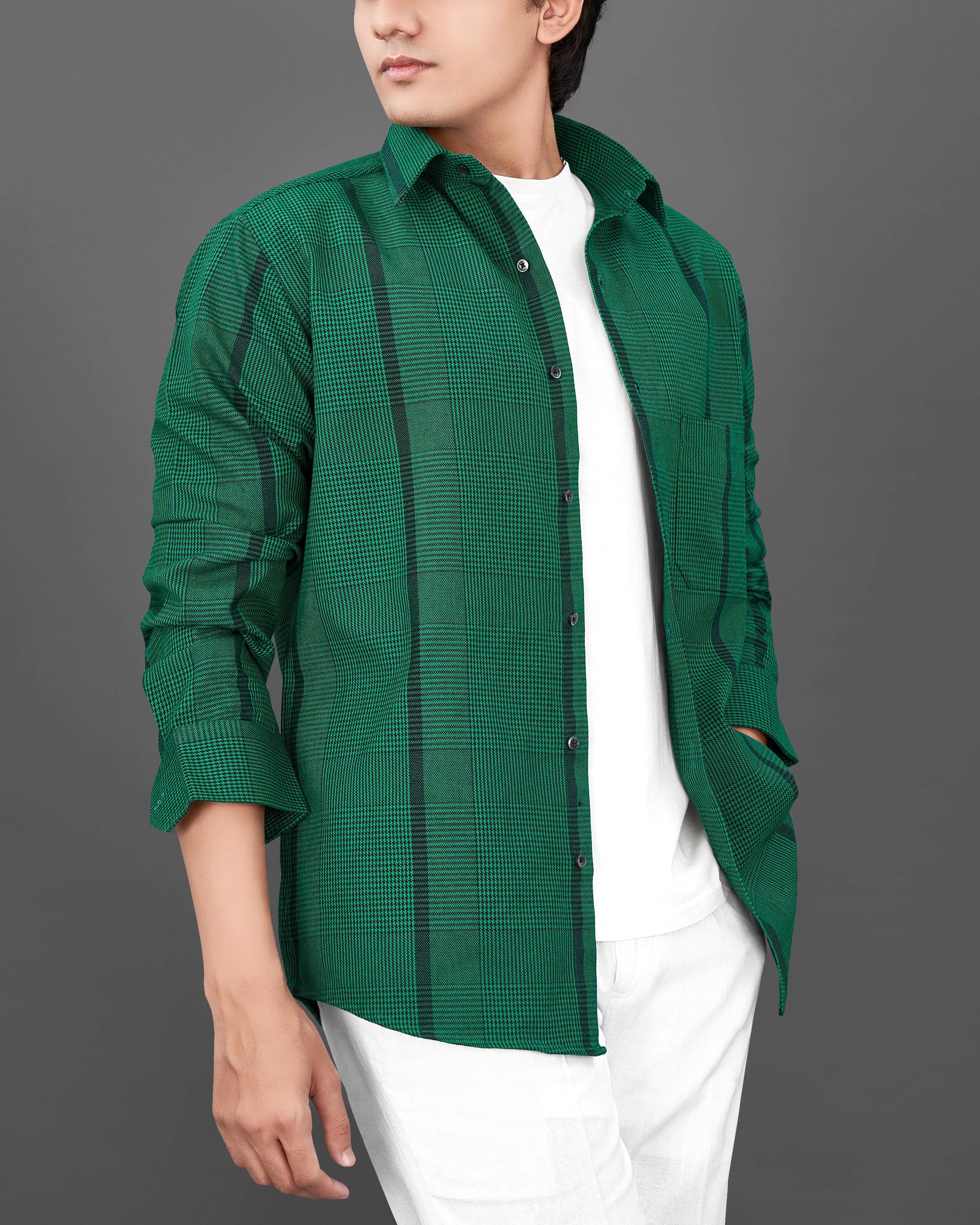 Spruce Green with Black Houndstooth Textured Overshirt