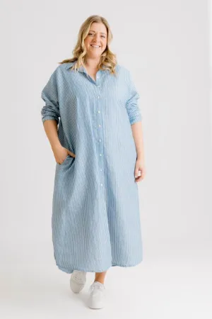 St Tropez Linen Shirt Dress - Indigo Stripe