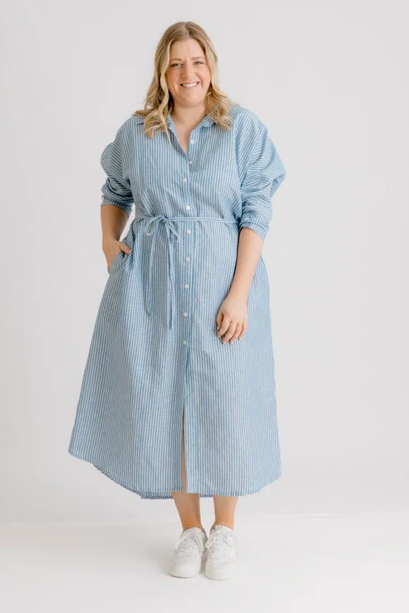 St Tropez Linen Shirt Dress - Indigo Stripe