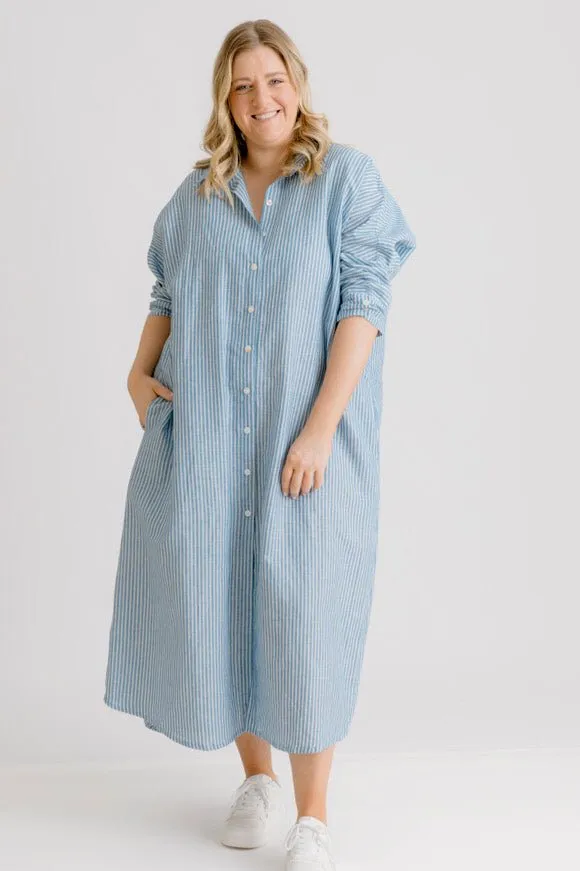 St Tropez Linen Shirt Dress - Indigo Stripe