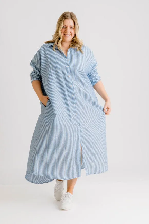 St Tropez Linen Shirt Dress - Indigo Stripe
