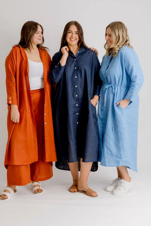 St Tropez Linen Shirt Dress - Indigo Stripe