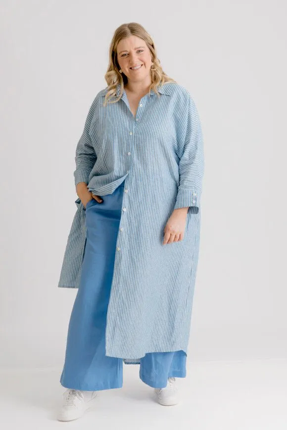 St Tropez Linen Shirt Dress - Indigo Stripe