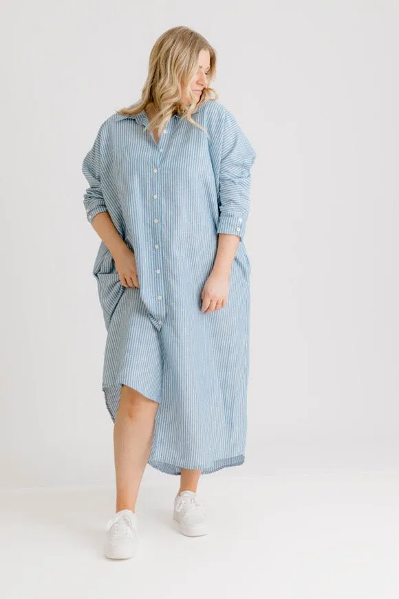 St Tropez Linen Shirt Dress - Indigo Stripe