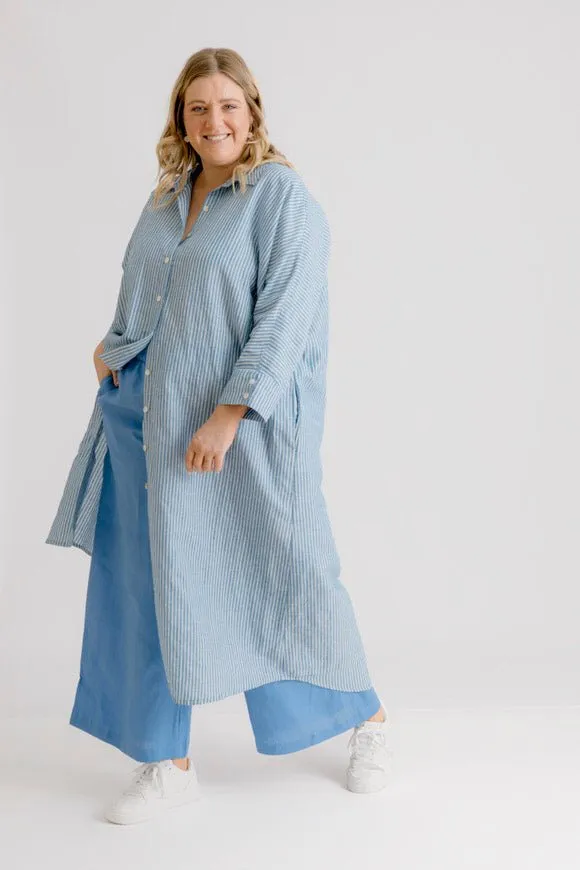 St Tropez Linen Shirt Dress - Indigo Stripe