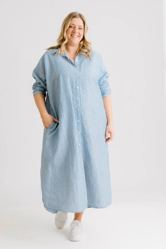 St Tropez Linen Shirt Dress - Indigo Stripe