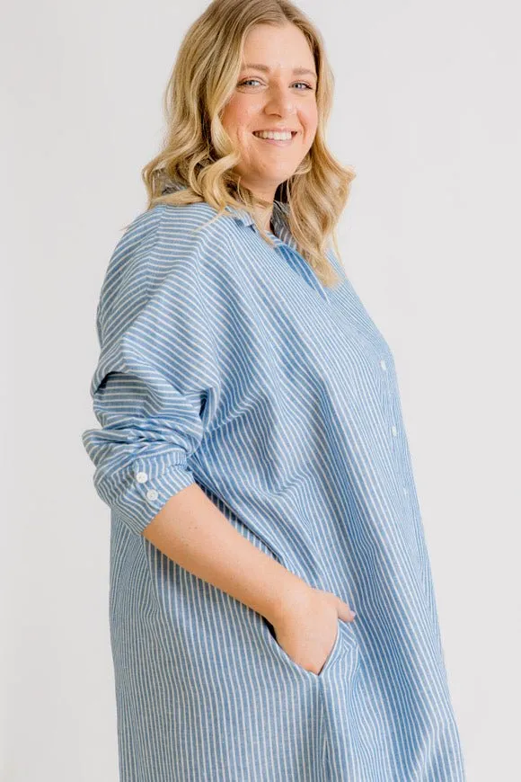 St Tropez Linen Shirt Dress - Indigo Stripe