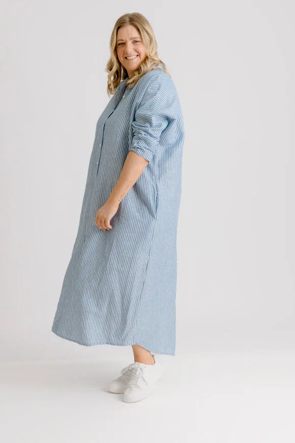 St Tropez Linen Shirt Dress - Indigo Stripe