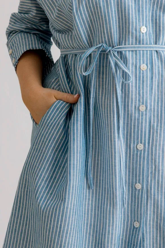 St Tropez Linen Shirt Dress - Indigo Stripe
