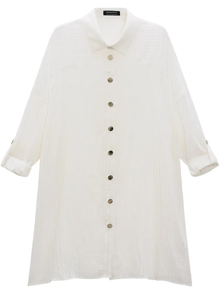 Striped Mesh Button Through Open Front Kimono