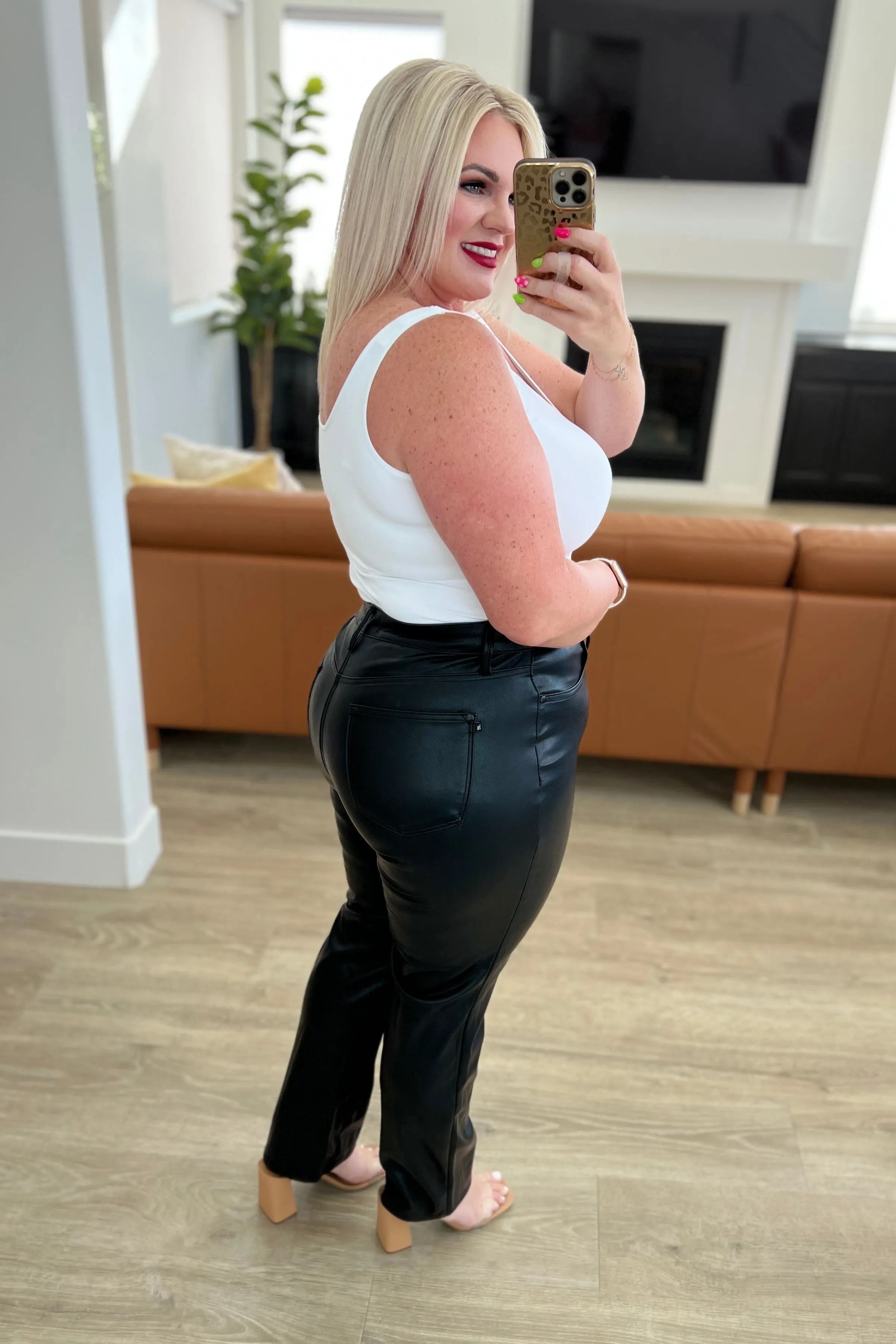 The Hailee- Judy Blue Denim- Black Tummy Control Faux Leather Pants