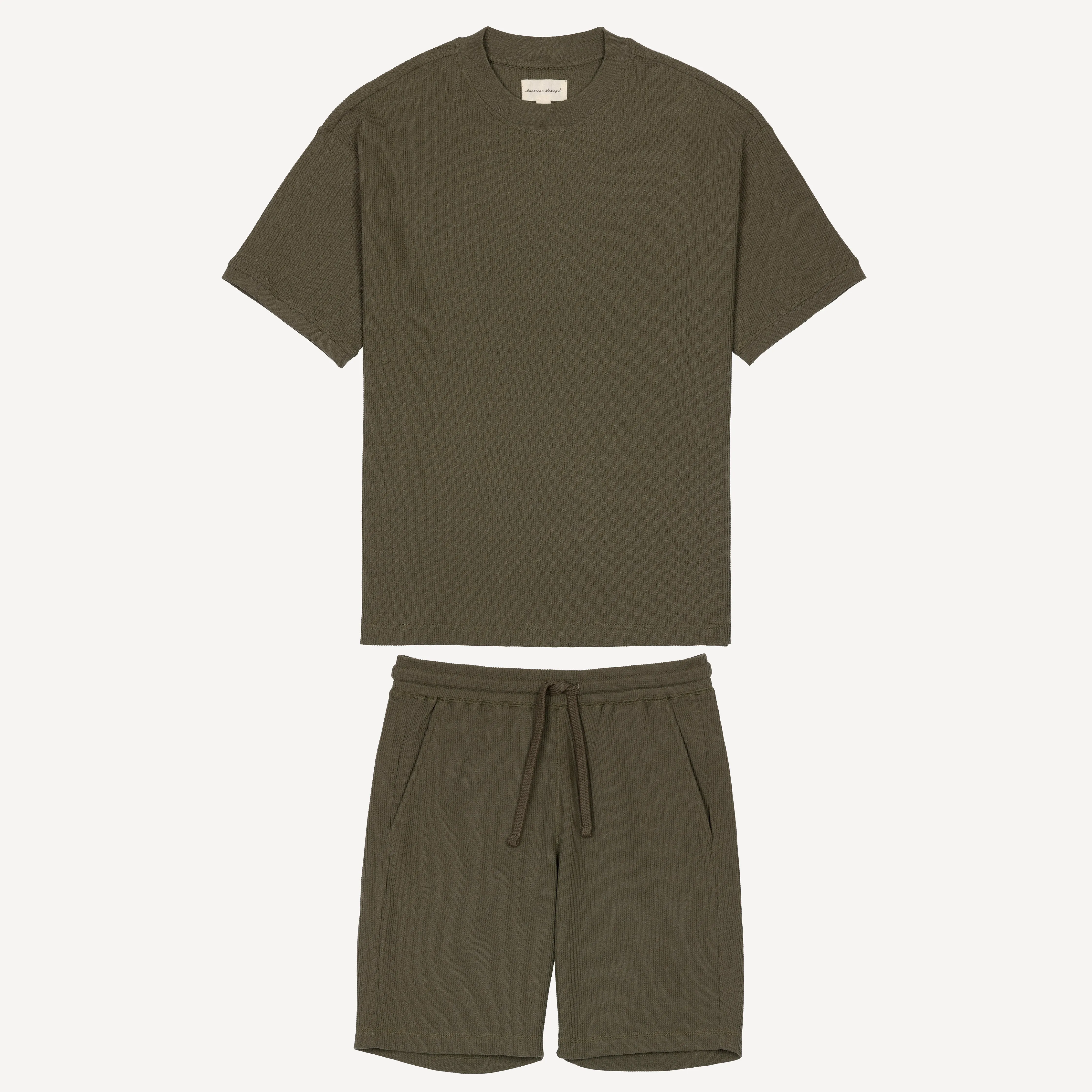 Thermal Waffle Knit Tee & Shorts Set - Dusty Olive